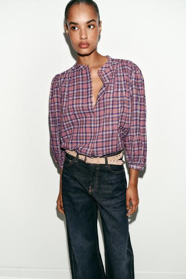 Zara PLAID ROUND NECK BLOUSE - Multicolored