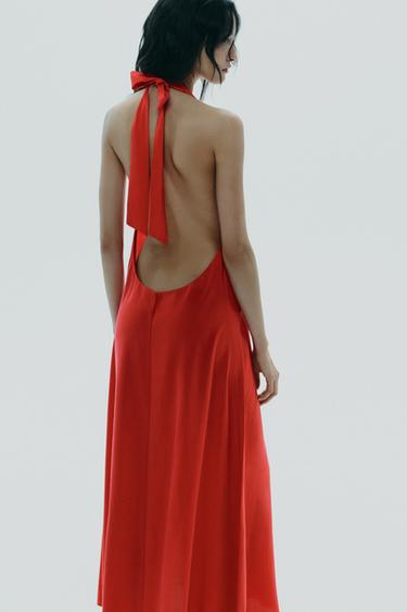 Zara HALTER TIE MIDI DRESS - Red - Image 0