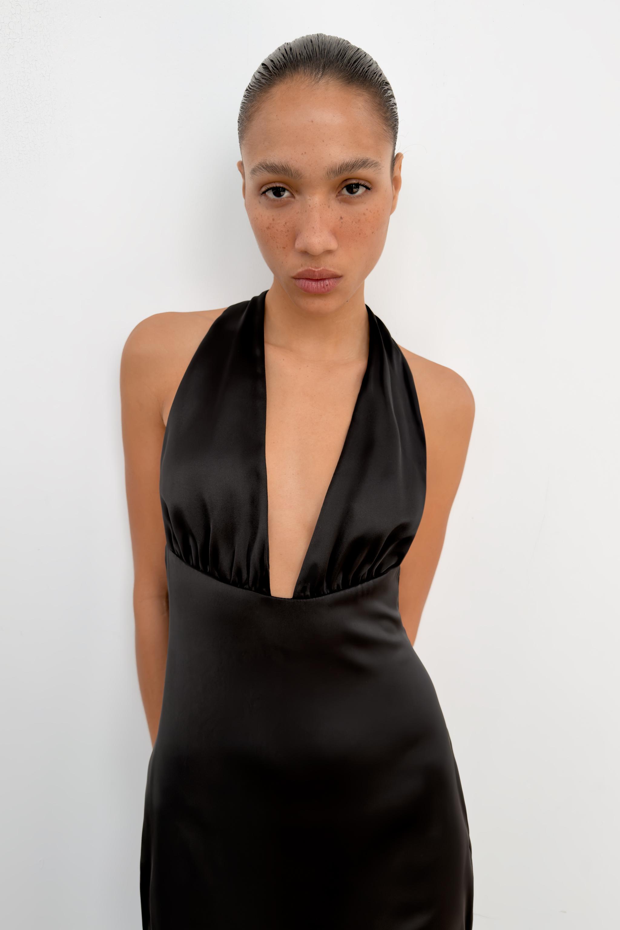 SATIN EFFECT LONG HALTER DRESS