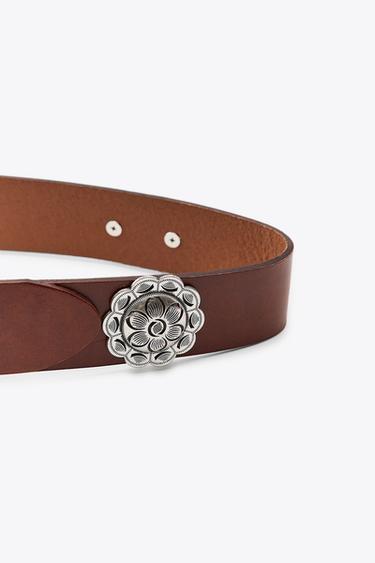 LEATHER BELT WITH METAL FLOWER - Brown by Zara - Image 3