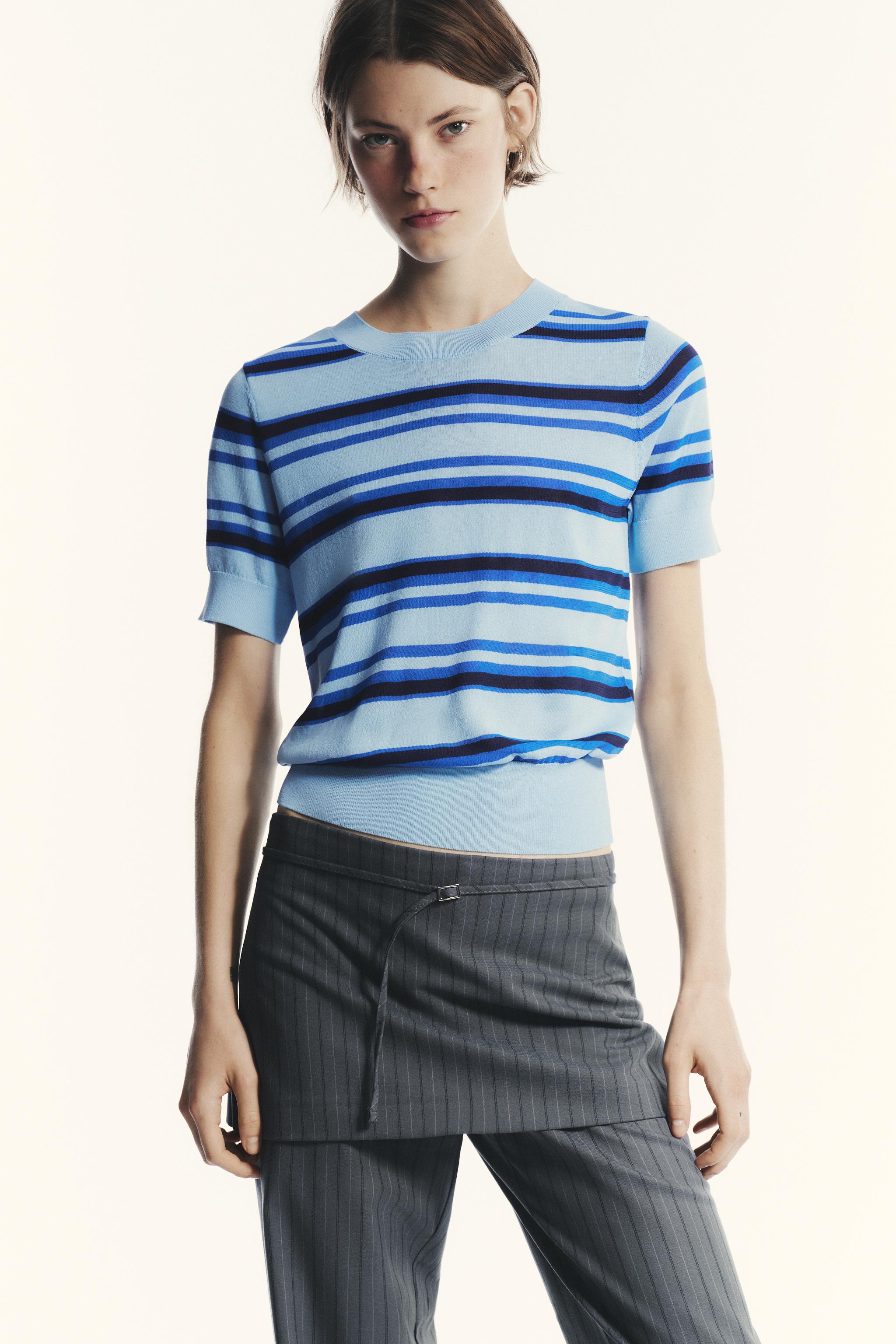 新品タグ付き！ZARA ジュエルニットトップス　水色 半袖 ニット トップス M zara 新木優子 谷まりあ 着用 新品未使用タグありニットトップス