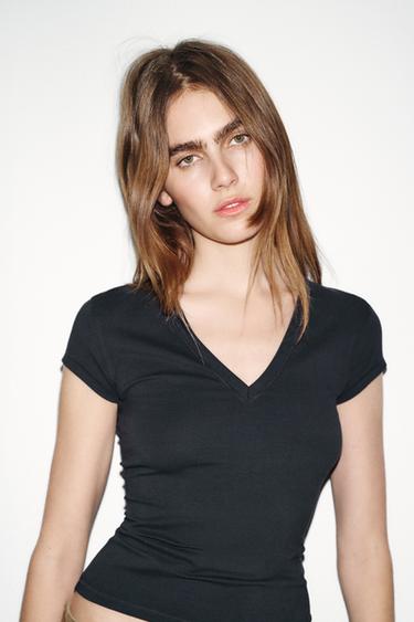 V-NECK T-SHIRT - Charcoal grey by Zara