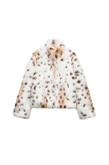 Front view of a faux leather jacket with a brown and black spot print.