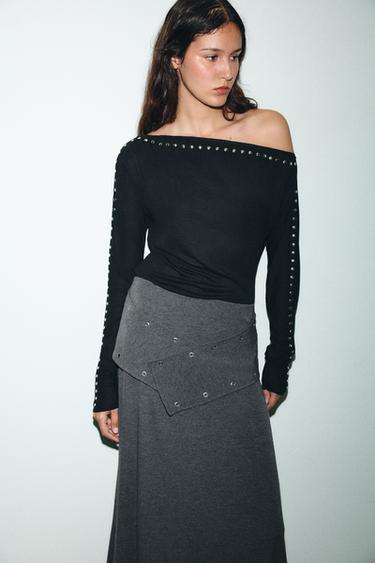 JUPE MI-LONGUE SOUPLE À CLOUS - Gris chiné de Zara - Image 1