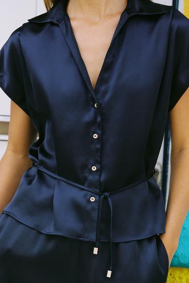 SATIN SHIRT WITH BELT - Navy blue by Zara - Image 3