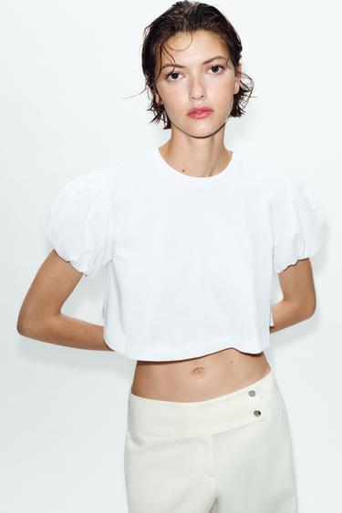 Zara CROPPED TOP WITH VOLUMINOUS SLEEVES - White