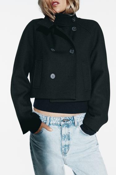 DVOUŘAýDÝ KABÁTEK CROPPED Z VLNĚNÉ SMĚSI - Černá od Zara