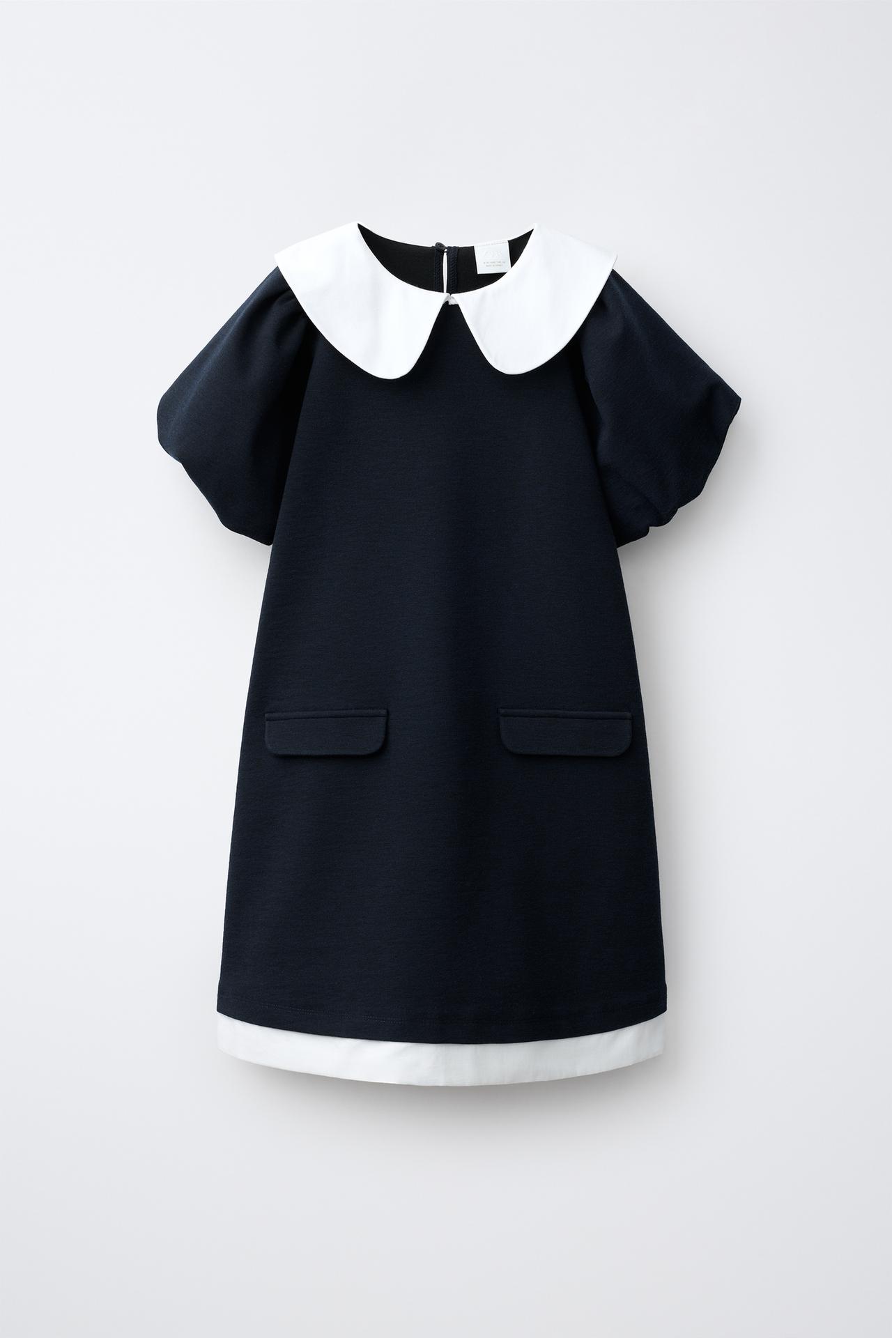 CONTRAST COLLAR DRESS — Navy blue