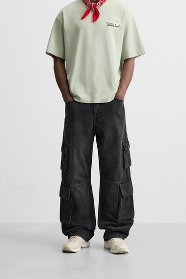 CARGO POCKET DENIM TROUSERS - Charcoal by Zara