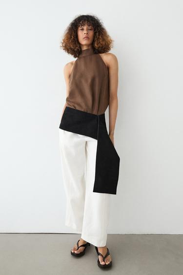 Zara 100% linen flowing halter top - Brown