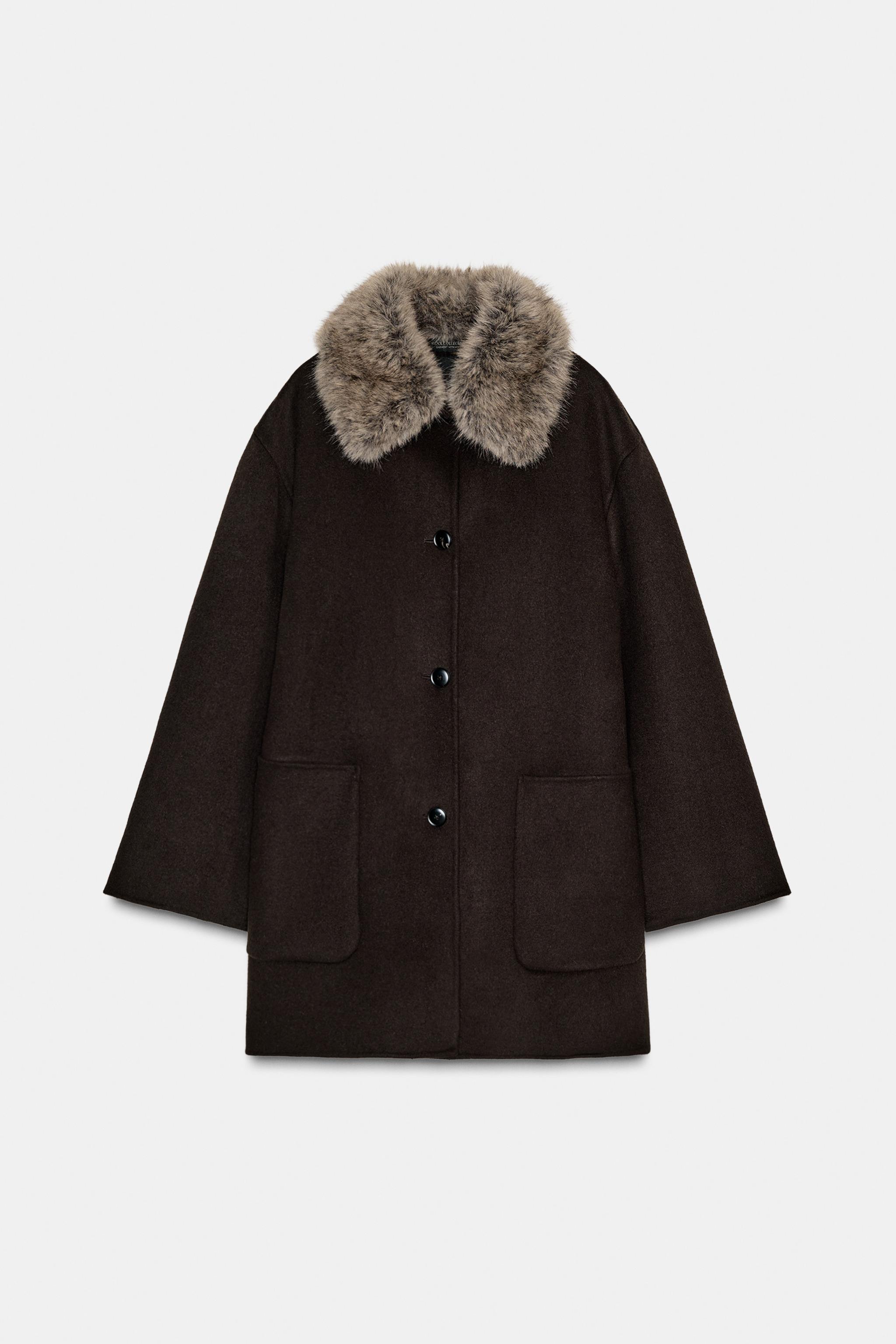 CASACO COM LÃ E GOLA DE FAUX FUR ZW COLLECTION - Marrom | ZARA Brasil