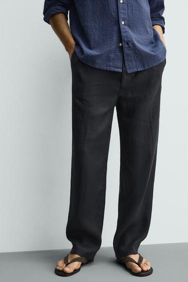 PANTALON À PLIS 100% LIN - Bleu marine de Zara - Image 4