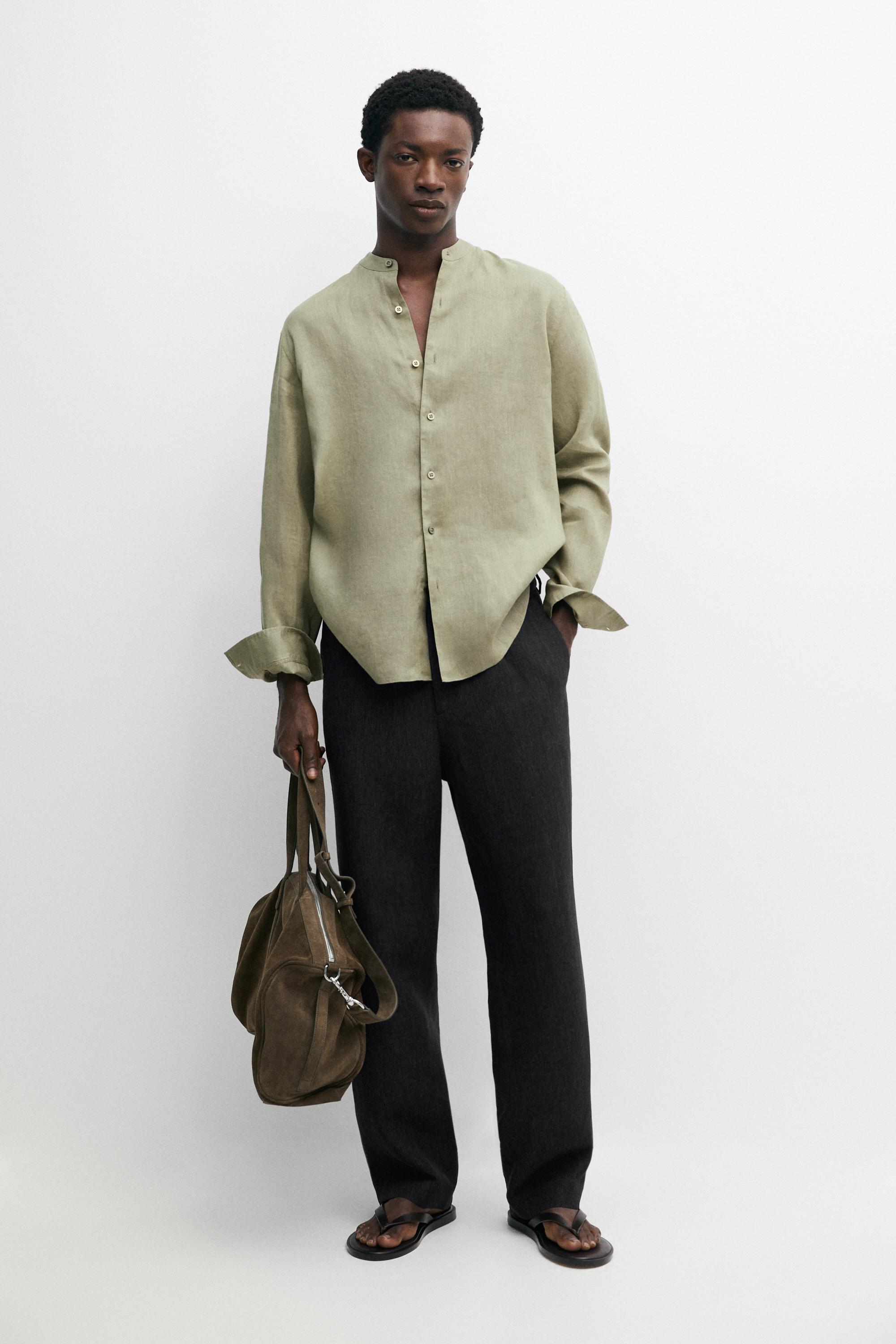 100% linen regular fit stand collar shirt — Light green