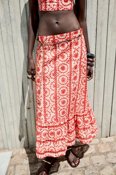 MIDI SKIRT WITH CUTWORK EMBROIDERY - Red by Zara - Image 1