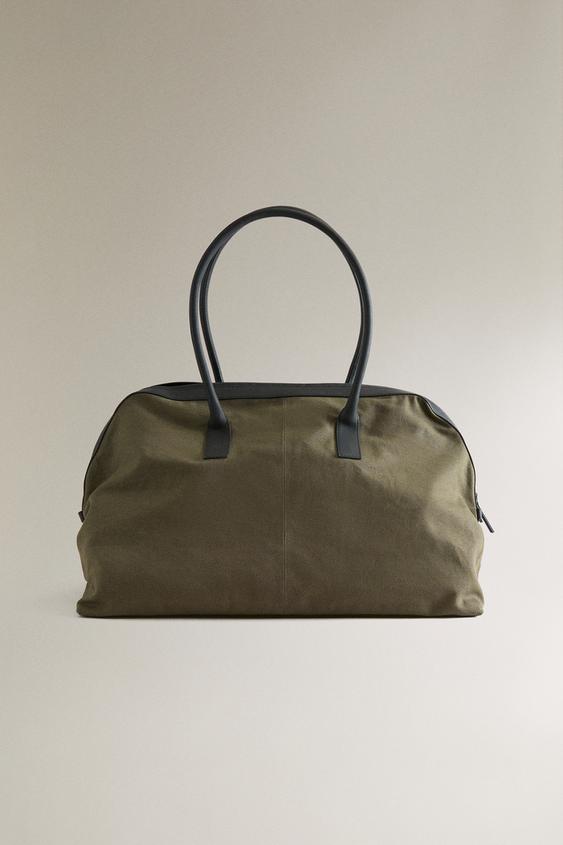 Zara CANVAS LEATHER WEEKENDER BAG - Khaki Green - Image 0