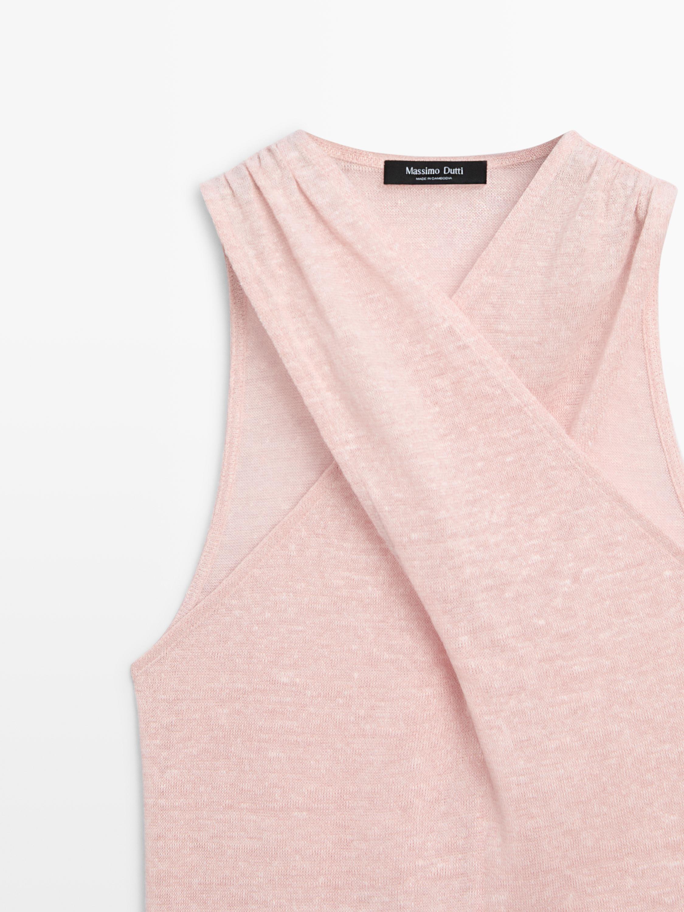 Linen blend top with surplice neckline