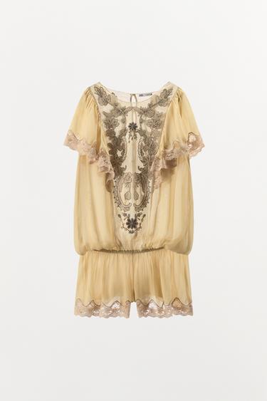 TULLE JUMPSUIT WITH EMBROIDERY AND BEADS - Yellow by Zara