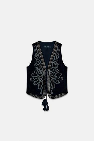 Gilet brodé sans manches pour femme, manteaux à points ouverts, mode Vintage, vêtements d'extérieur, automne 2024