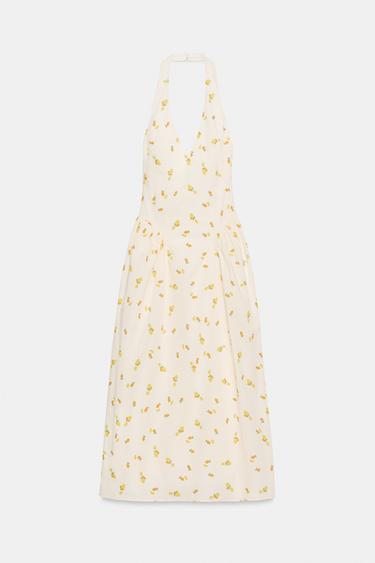 ROBE MI-LONGUE EN POPELINE À ENCOLURE AMÉRICAINE FRUITS - écru/jaune de Zara - Image 4