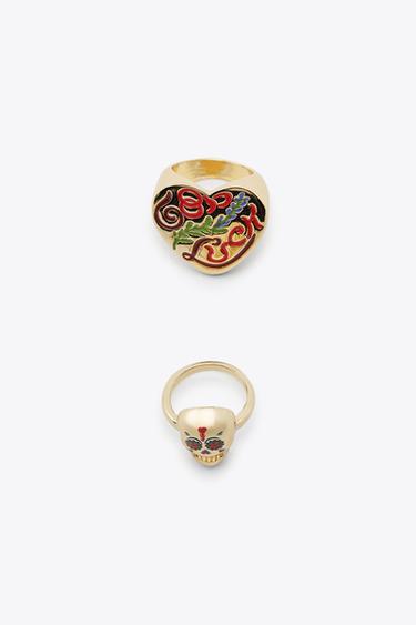 2-PACK OF ENAMELLED SKULL AND HEART RINGS - Golden by Zara