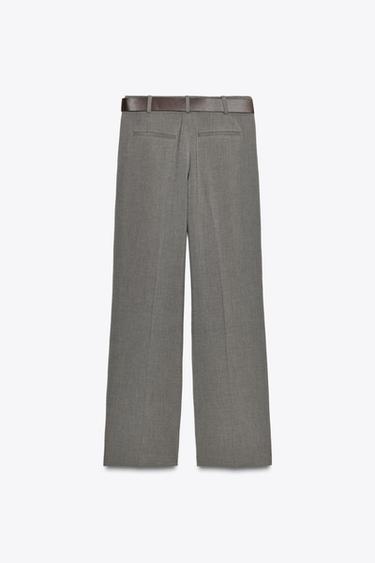 BELTED STRAIGHT-LEG TROUSERS - Grey / Tan by Zara - Image 7