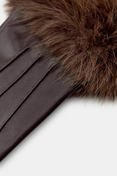 SHORT FAUX LEATHER AND FAUX FUR GLOVES - Brown by Zara - Image 3