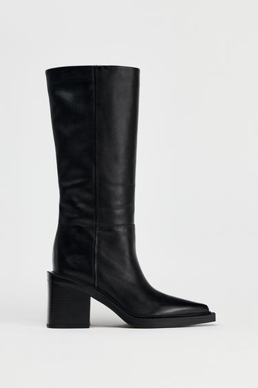 Zara WIDE HEELED LEATHER BOOTS - Black