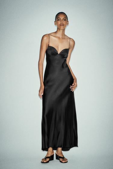 Zara SATIN LONG DRESS - Black - Image 0