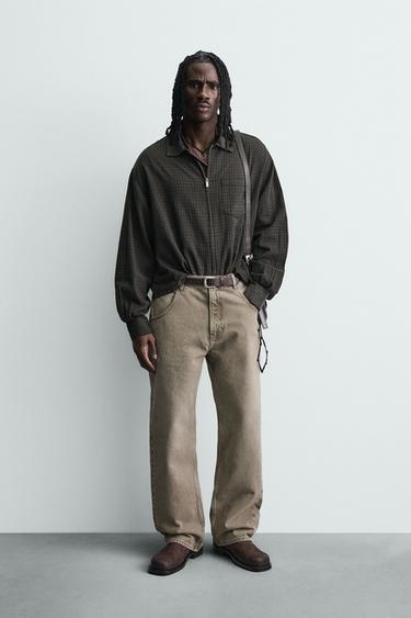 CAMISA XADREZ DE ALGODÃO-LINHO - Marrom-escuro da Zara - Imagem 0