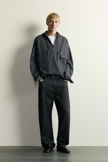 STRIPED COTTON-LINEN HOODED OVERSHIRT - Blue by Zara