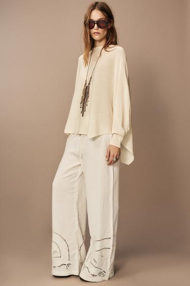 PANTALÓN PIJAMERO BORDADO ZW COLLECTION - Crudo de Zara