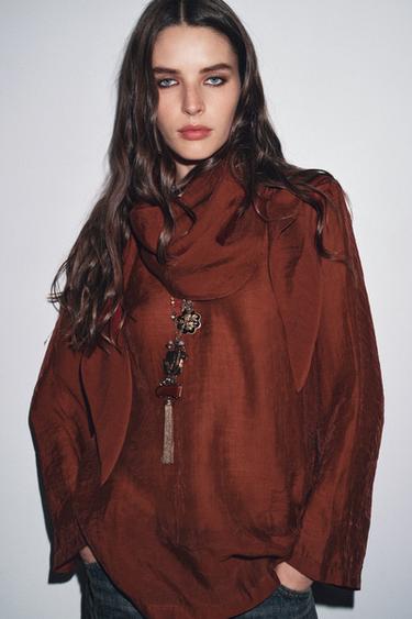 Zara FLOWY BLOUSE WITH MULTI-POSITION SCARF ZW COLLECTION - Brick
