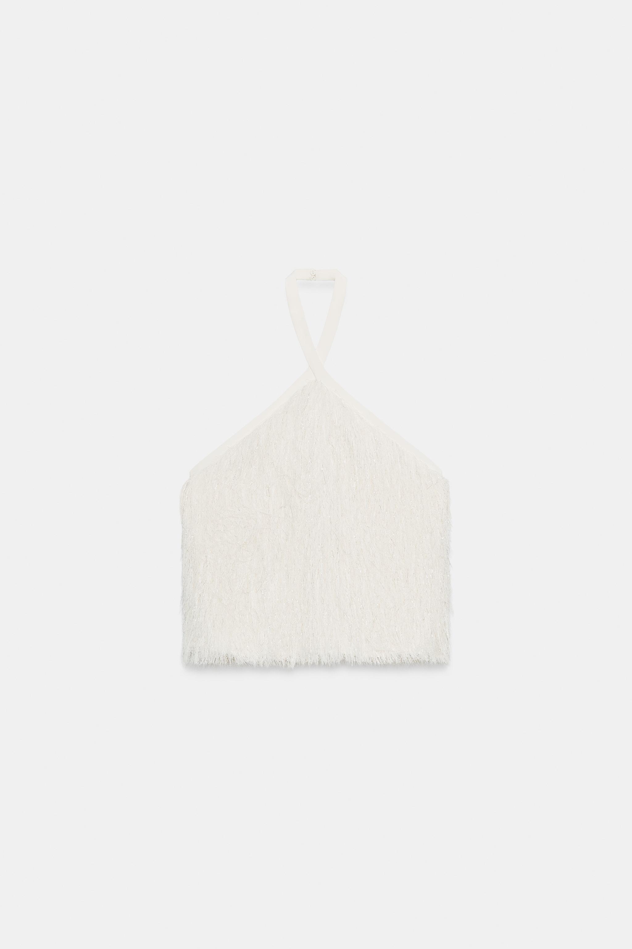 METALLIC THREAD FEATHER HALTER TOP