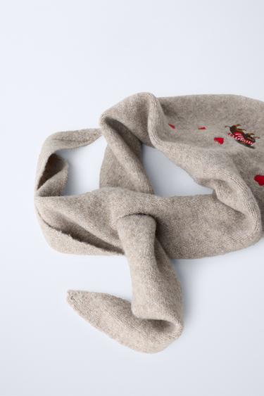 EMBROIDERED TRIANGULAR KNIT SCARF — taupe brown 2
