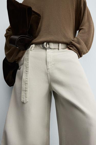 BELTED RELAXED FIT JEANS - Grey green by Zara
