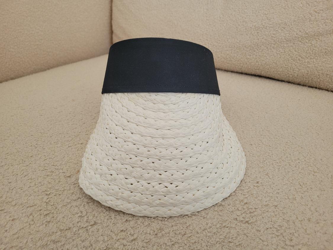 White straw hat with a wide brim and a black band, placed on a beige sofa.