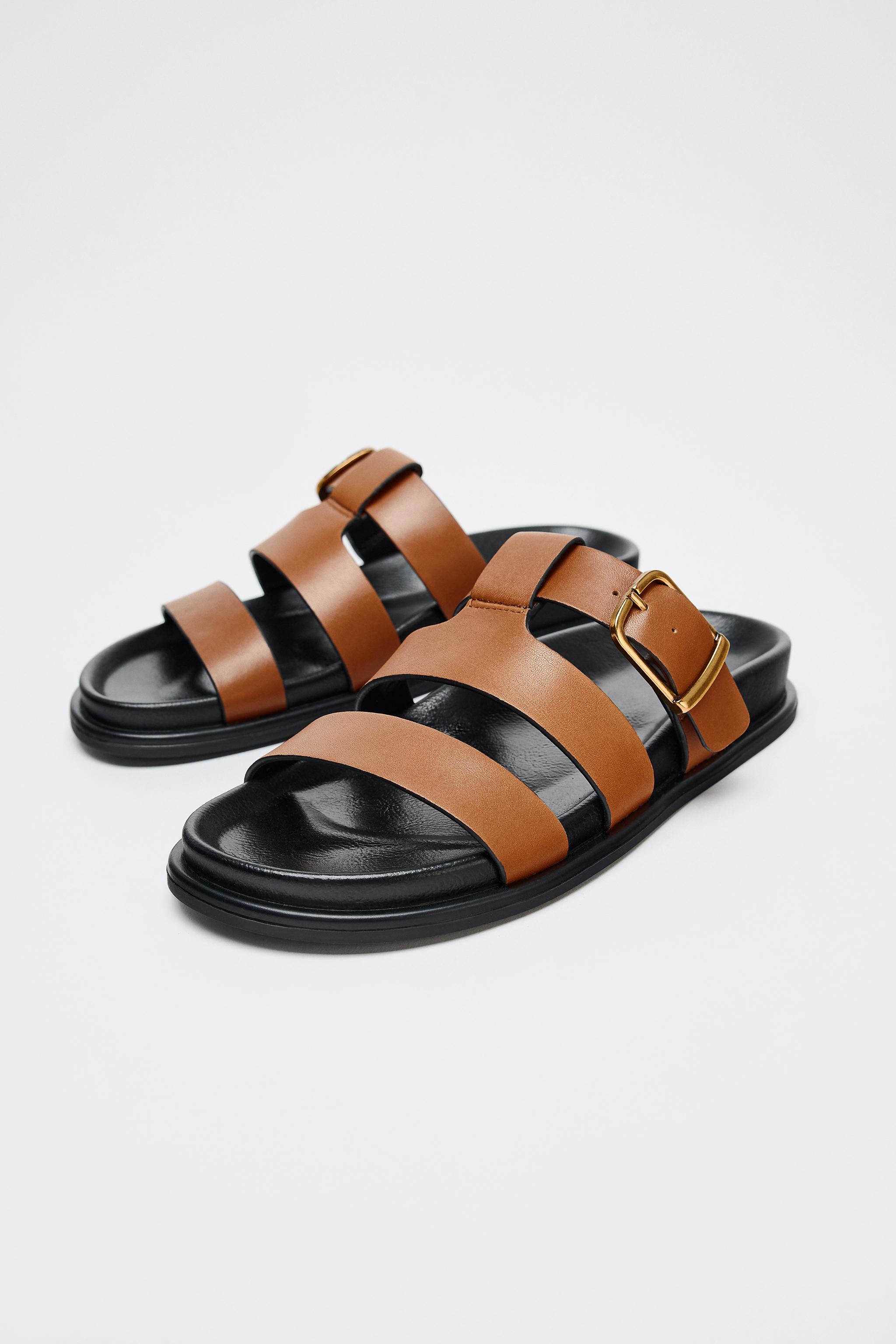 tantaブラウン38 FLAT LEATHER BUCKLE SANDALS - Brown | ZARA United States