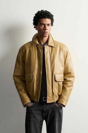 RELAXED-FIT QUILTED LEATHER JACKET — Ocher 1