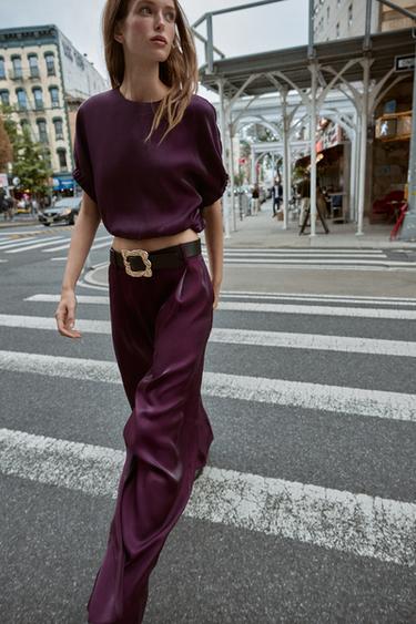 SATIN WIDE-LEG TROUSERS WITH BELT - Aubergine by Zara - Image 1