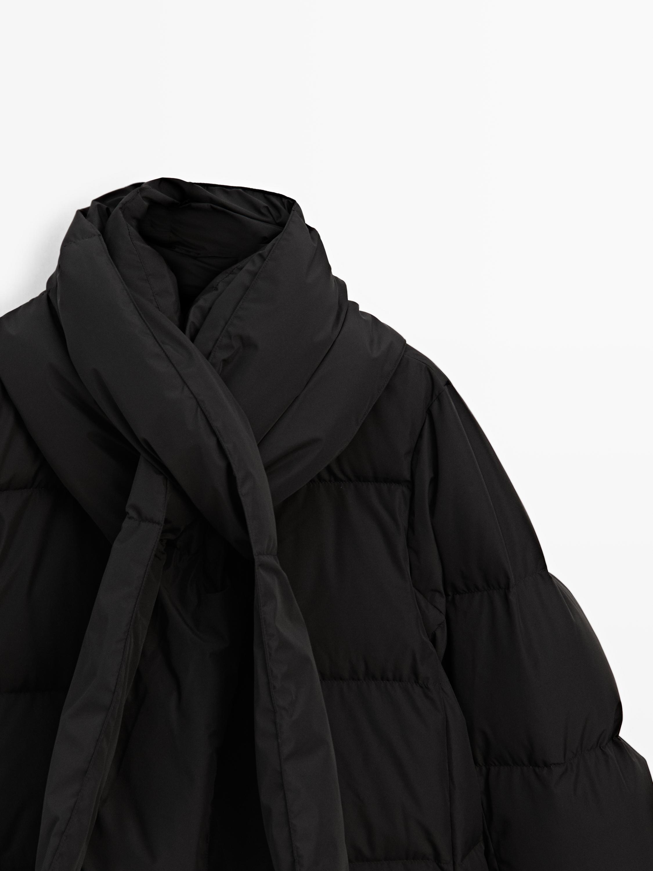 Water-repellent puffer jacket with scarf detail