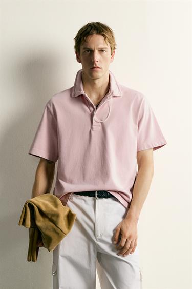 Zara REGULAR FIT TEXTURED POLO - Pink / White