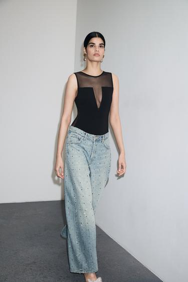 CREPE TULLE CONTRAST BODYSUIT - Black by Zara