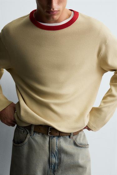 CONTRAST CHECKERED WAFFLE-KNIT T-SHIRT - camel by Zara - Image 4
