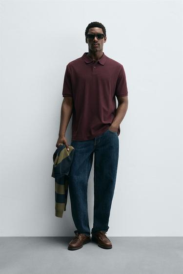 Zara WASHED PIQUÉ TEXTURED POLO SHIRT - Burgundy - Image 0