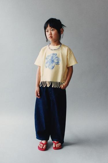 T-SHIRT COM FRANJAS, FLOR E LANTEJOULAS - Amarelo-claro da Zara