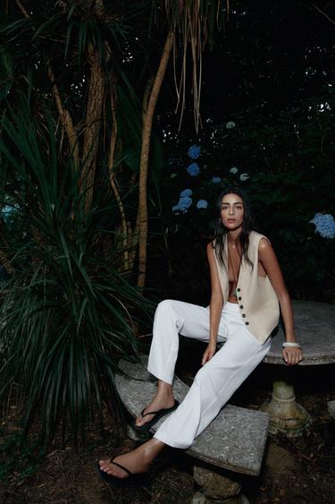 PANTALÓN RECTO CON LINO - Blanco roto de Zara