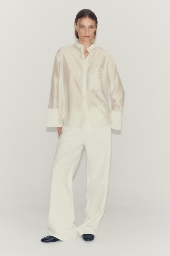 Zara ZW COLLECTION EMBROIDERED POCKET SHIRT - Oyster-white - Image 0