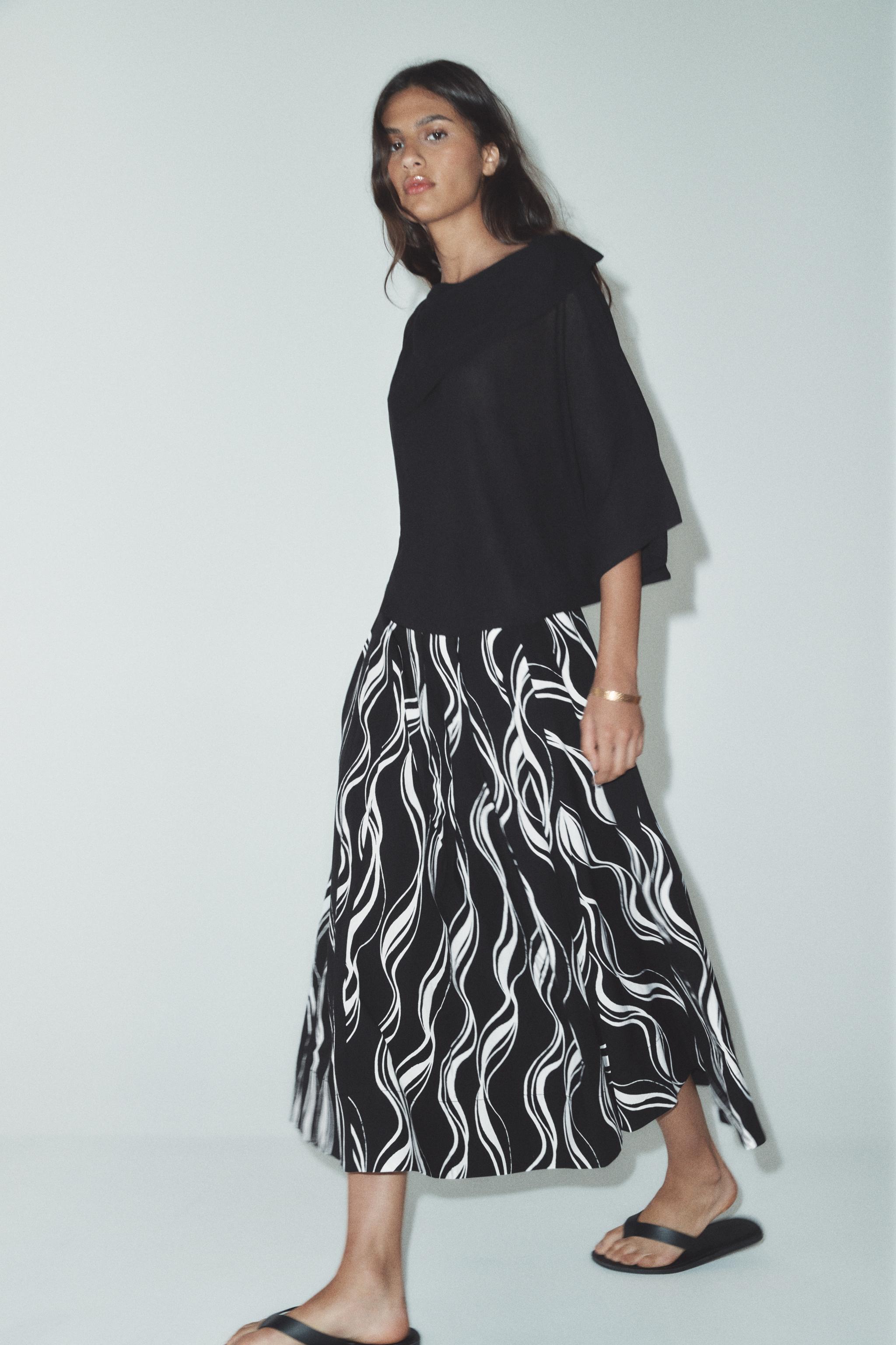ZW COLLECTION PRINTED MIDI SKIRT - Black / White | ZARA