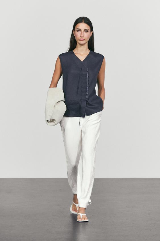 Zara 100% linen crossover top with button detail - Navy blue - Image 0