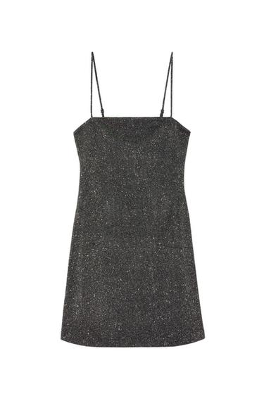 Front view of a dark, shiny slip dress.